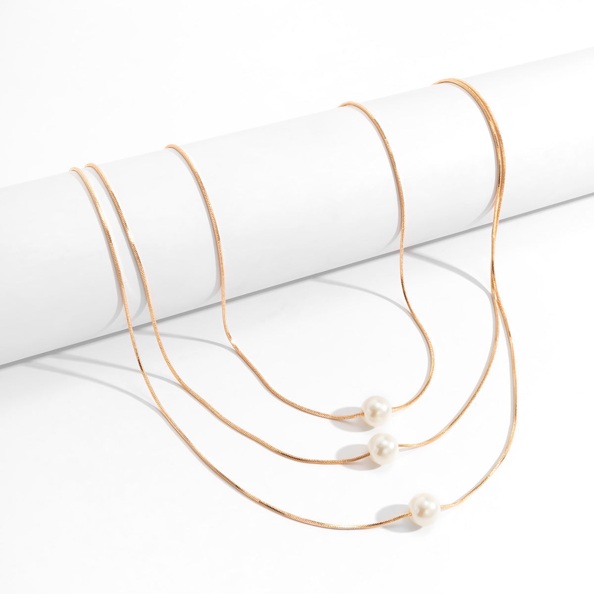 Multi-Layer Snake Bone Chain • Faux Pearl Gold Plated Steel