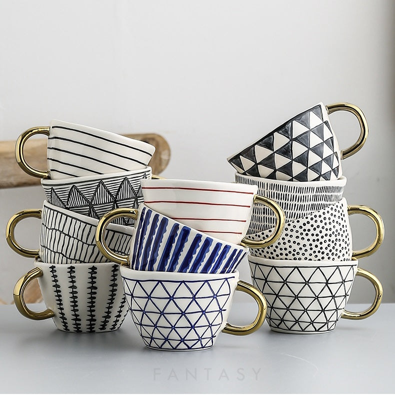 Hand Painted Mugs • Golden Handle Ceramic Cups