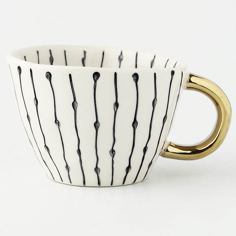 Hand Painted Mugs • Golden Handle Ceramic Cups