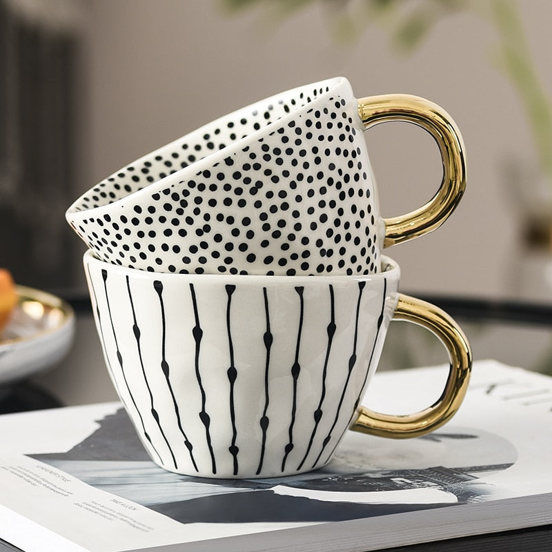 Hand Painted Mugs • Golden Handle Ceramic Cups