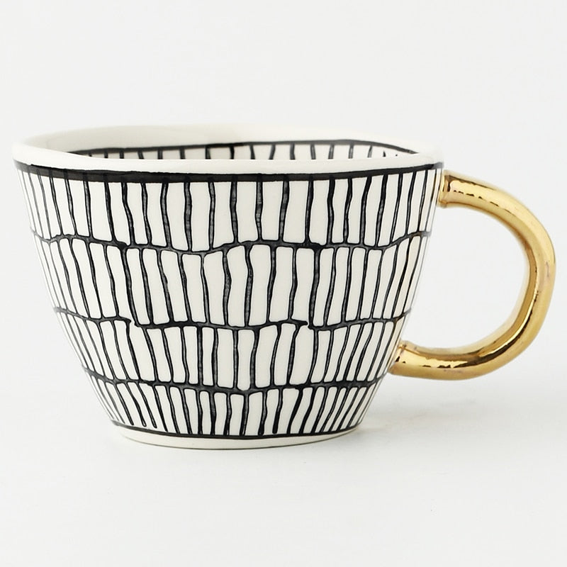 Hand Painted Mugs • Golden Handle Ceramic Cups