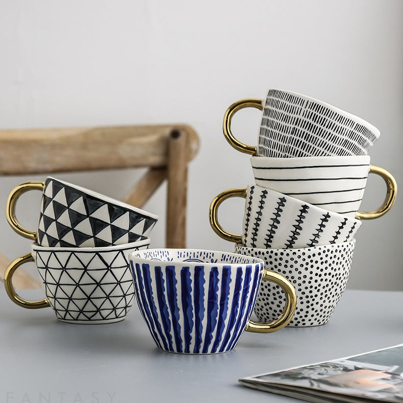 Hand Painted Mugs • Golden Handle Ceramic Cups