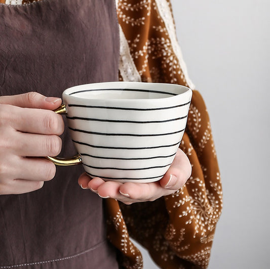 Hand Painted Mugs • Golden Handle Ceramic Cups