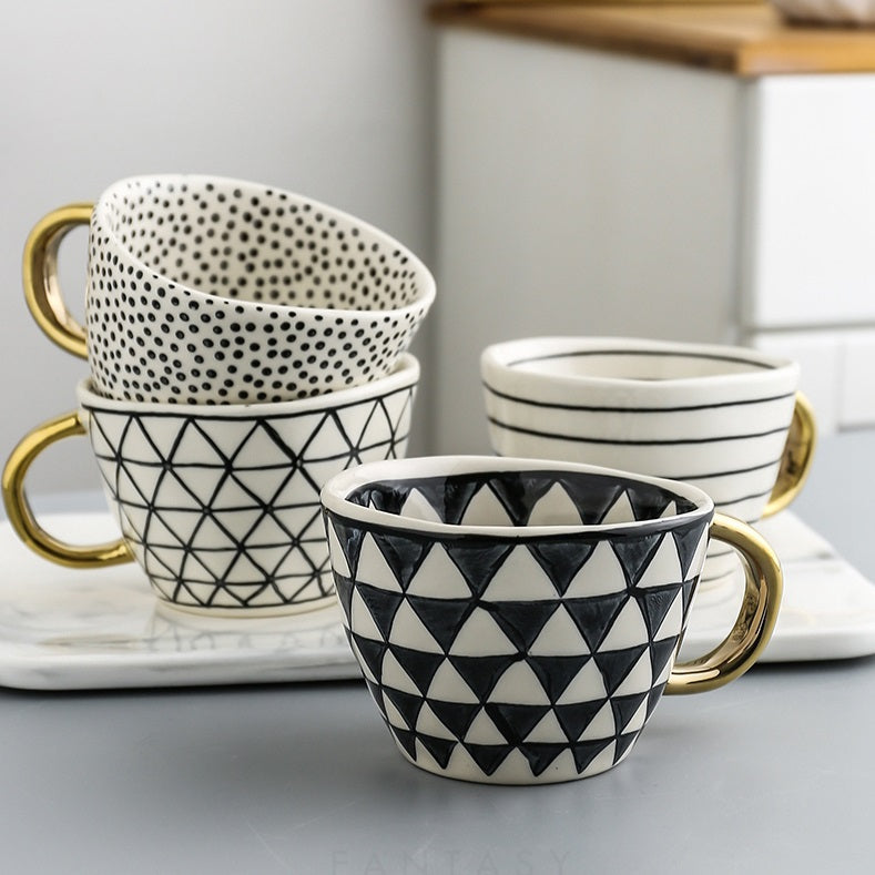 Hand Painted Mugs • Golden Handle Ceramic Cups