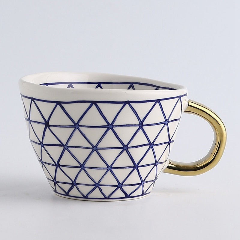 Hand Painted Mugs • Golden Handle Ceramic Cups