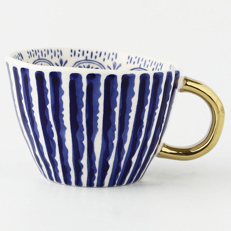 Hand Painted Mugs • Golden Handle Ceramic Cups