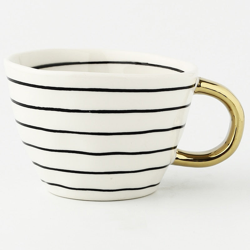 Hand Painted Mugs • Golden Handle Ceramic Cups