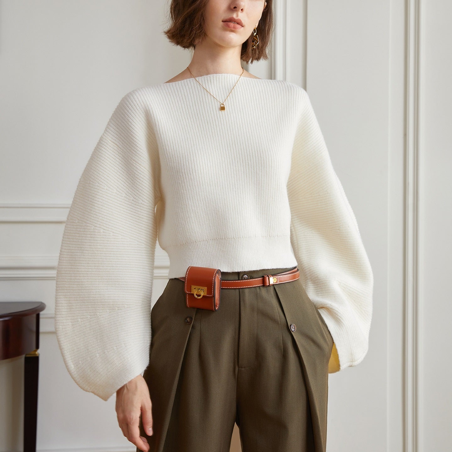 Boat Neck Knitted Sweater • Puff Sleeve Pullover