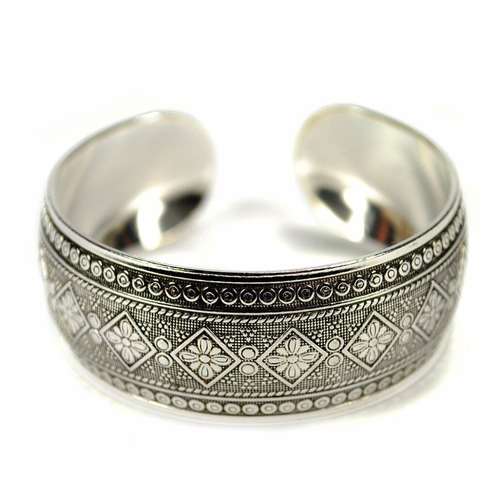 Boho Antic Silver Cuff • Carved Pattern Copper Bangle