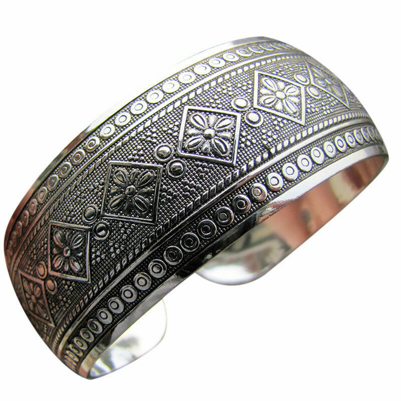 Boho Antic Silver Cuff • Carved Pattern Copper Bangle