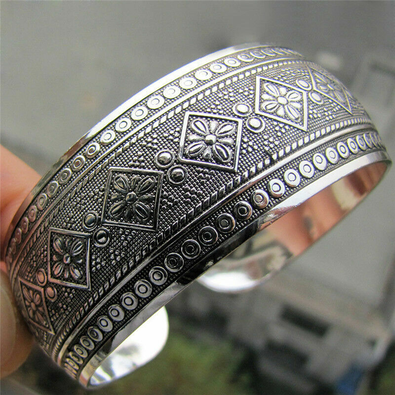 Boho Antic Silver Cuff • Carved Pattern Copper Bangle