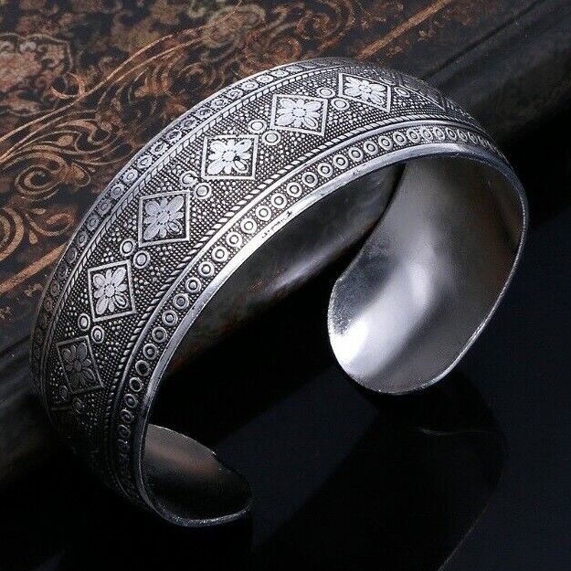 Boho Antic Silver Cuff • Carved Pattern Copper Bangle