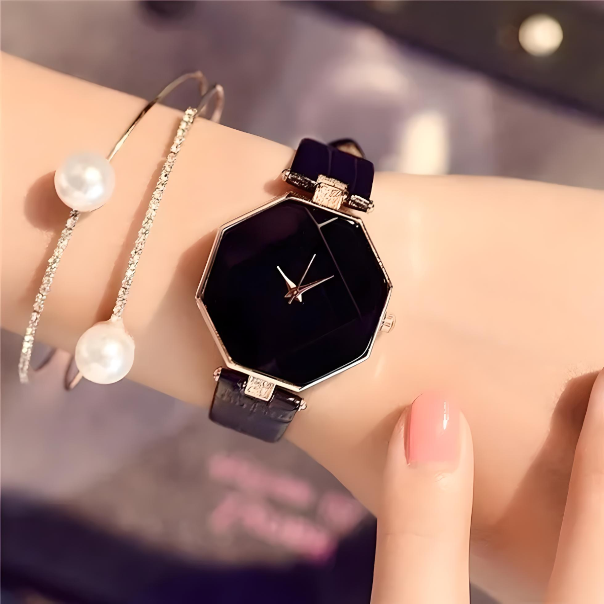 Gem Cut Crystal Watch • Leather Quartz Wristwatch