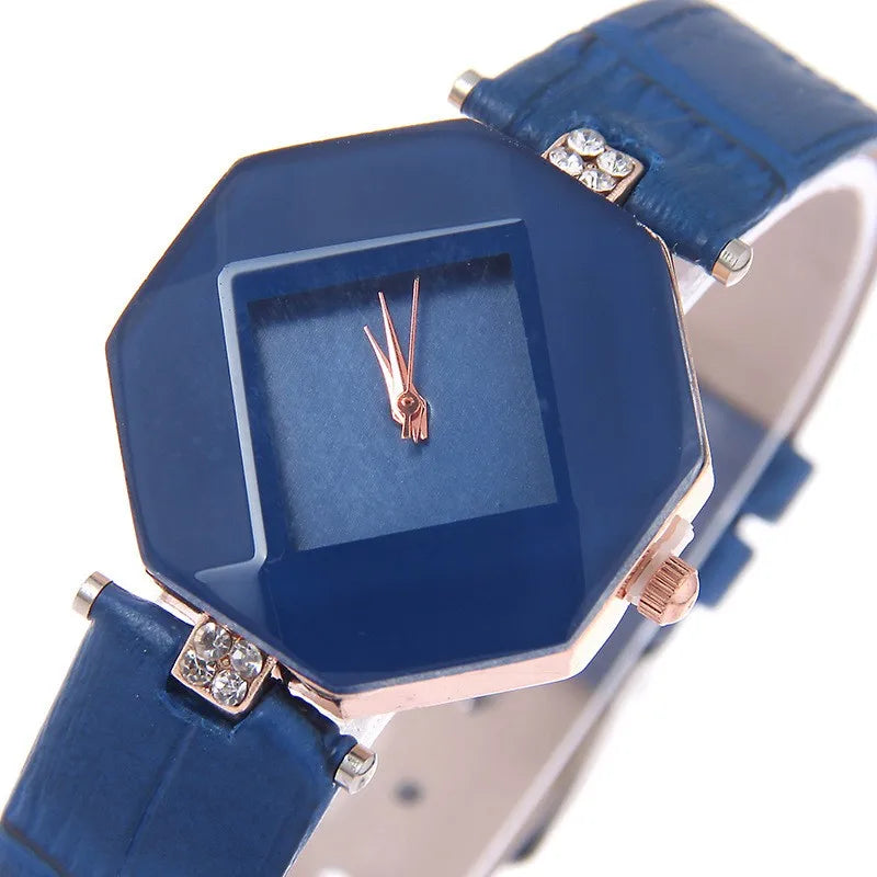 Gem Cut Crystal Watch • Leather Quartz Wristwatch