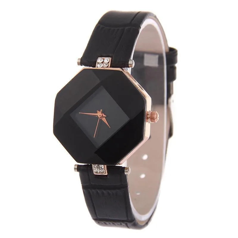 Gem Cut Crystal Watch • Leather Quartz Wristwatch