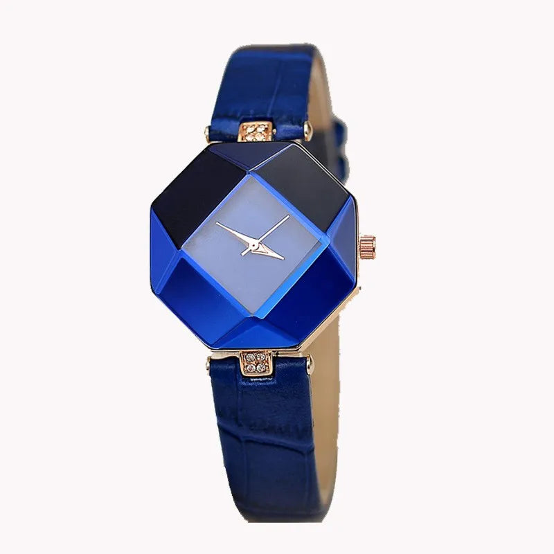 Gem Cut Crystal Watch • Leather Quartz Wristwatch