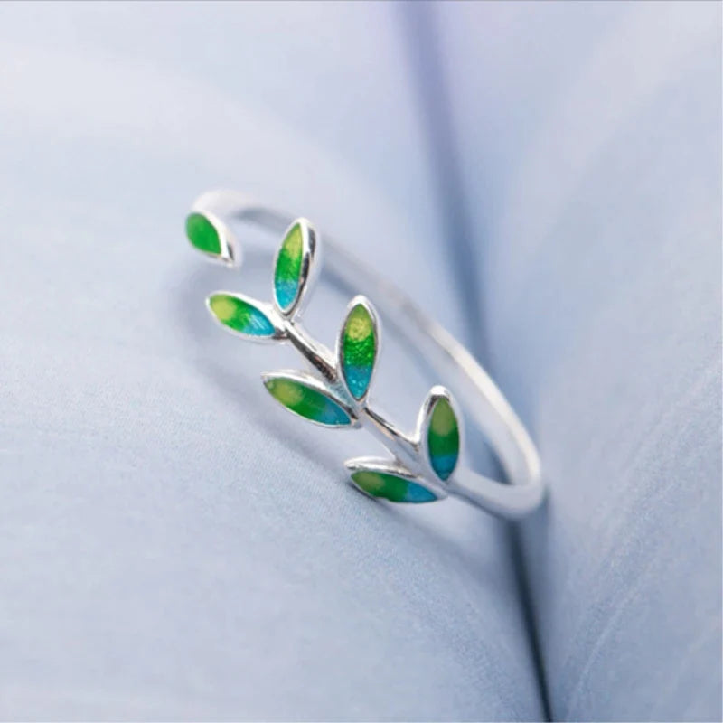 Green Leaf Open Ring • 925 Sterling Silver