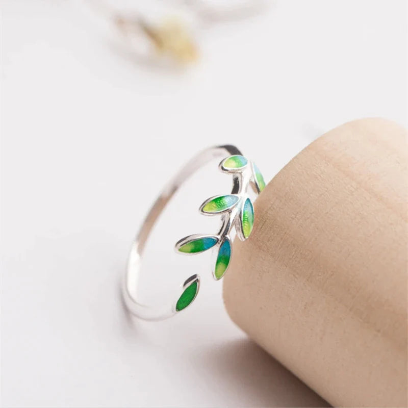 Green Leaf Open Ring • 925 Sterling Silver