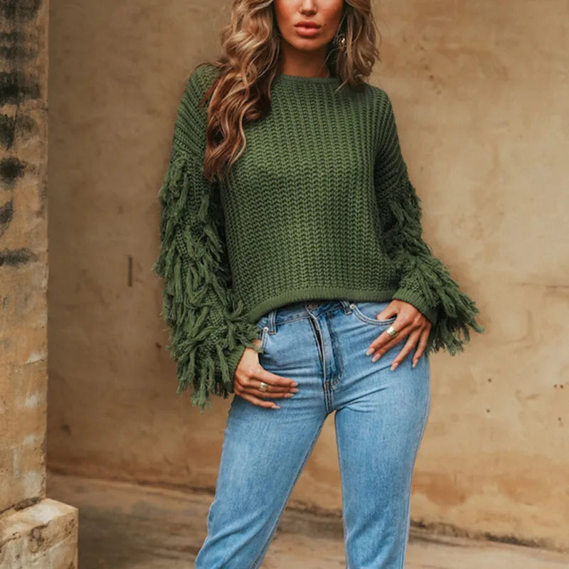 Knitted Sweater • Tassel Sleeves Pullover