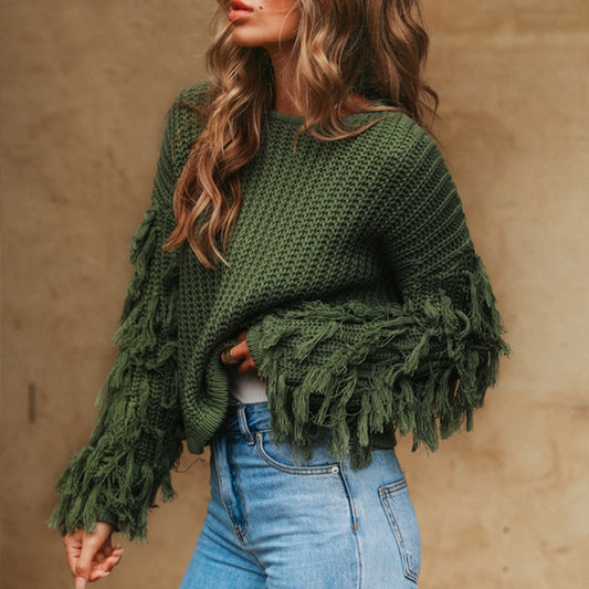 Knitted Sweater • Tassel Sleeves Pullover