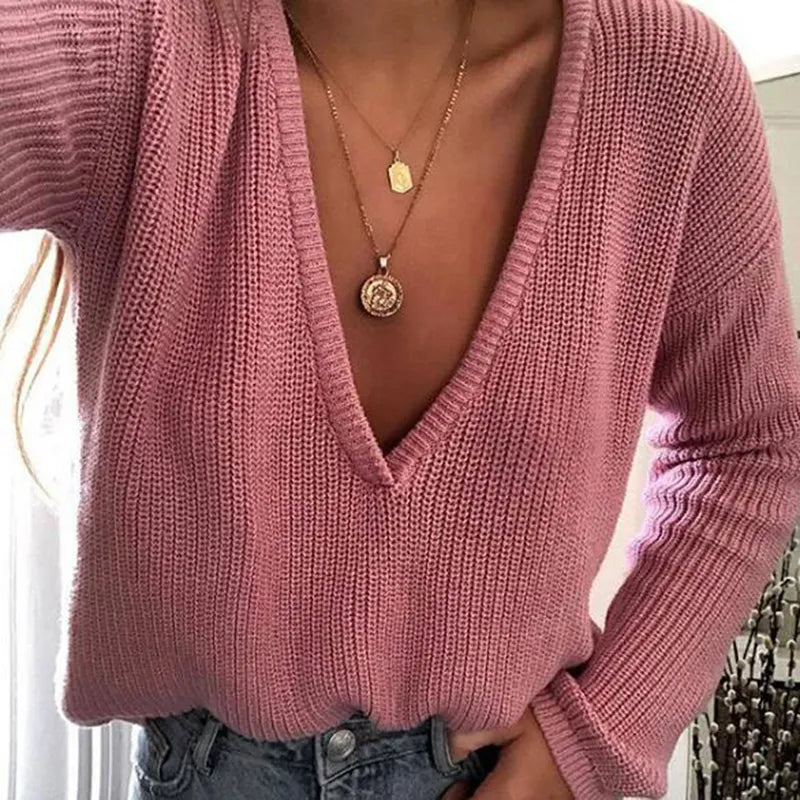 Knitted Top Sweater • Deep V Neck Pullover