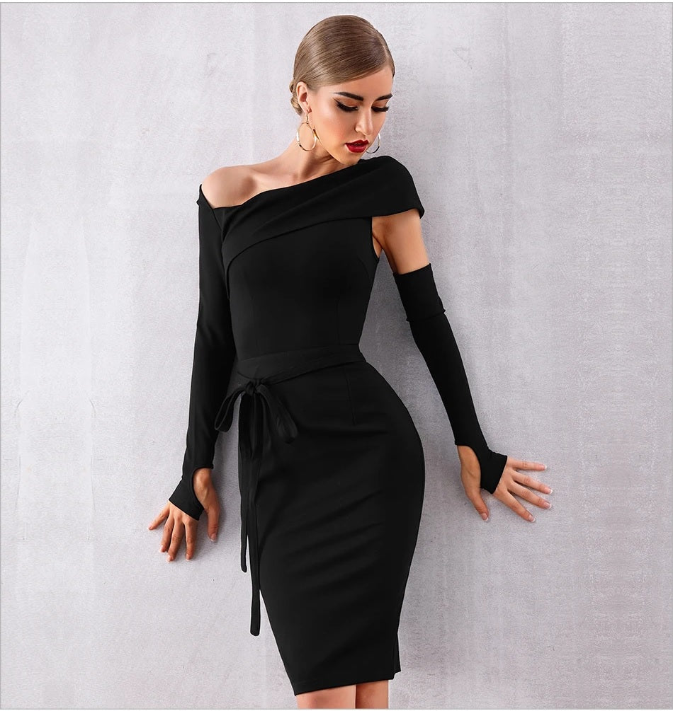 Low Cut Evening Dress • Asymmetric Sleeves Dress