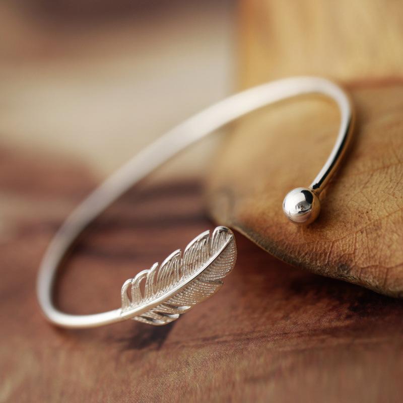 Plated Feather Bangle • Open Cuff Silver Bracelet