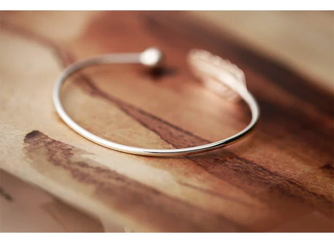 Plated Feather Bangle • Open Cuff Silver Bracelet