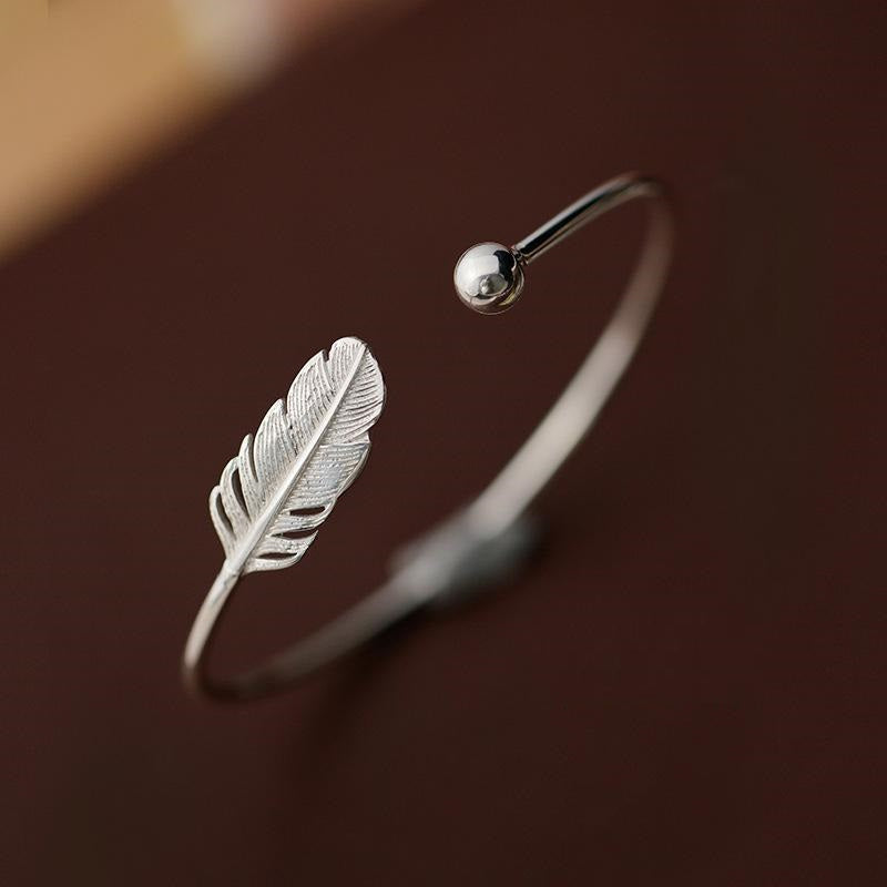 Plated Feather Bangle • Open Cuff Silver Bracelet