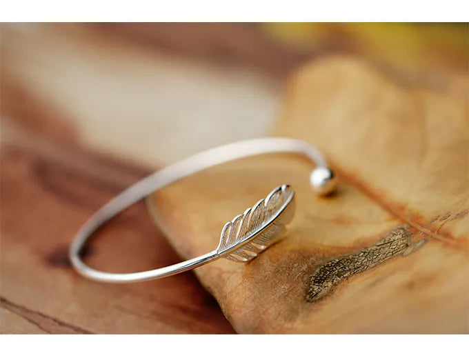 Plated Feather Bangle • Open Cuff Silver Bracelet