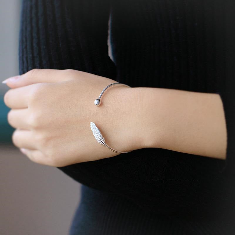 Plated Feather Bangle • Open Cuff Silver Bracelet