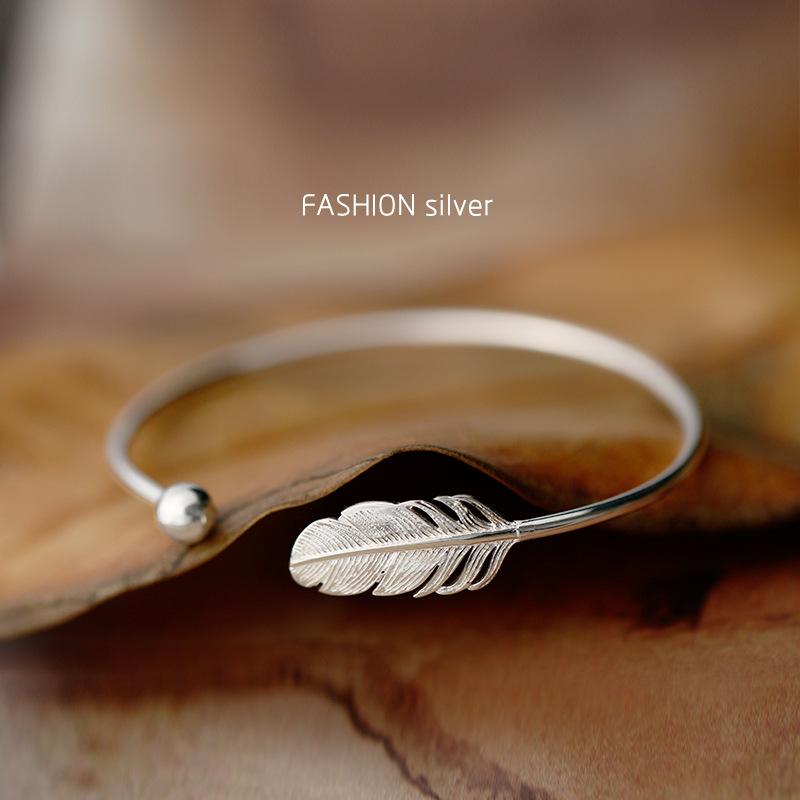 Plated Feather Bangle • Open Cuff Silver Bracelet