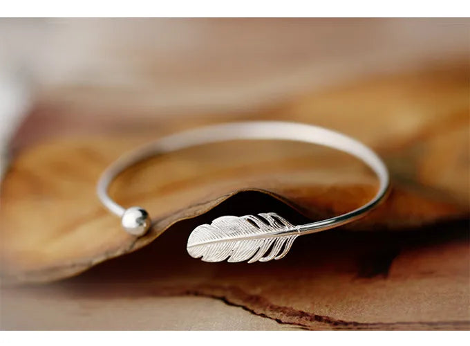 Plated Feather Bangle • Open Cuff Silver Bracelet