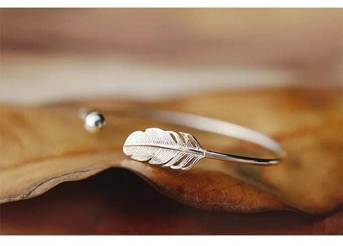 Plated Feather Bangle • Open Cuff Silver Bracelet