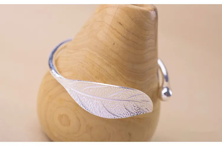 Plated Leaf Bangle • Open Cuff Silver Bracelet