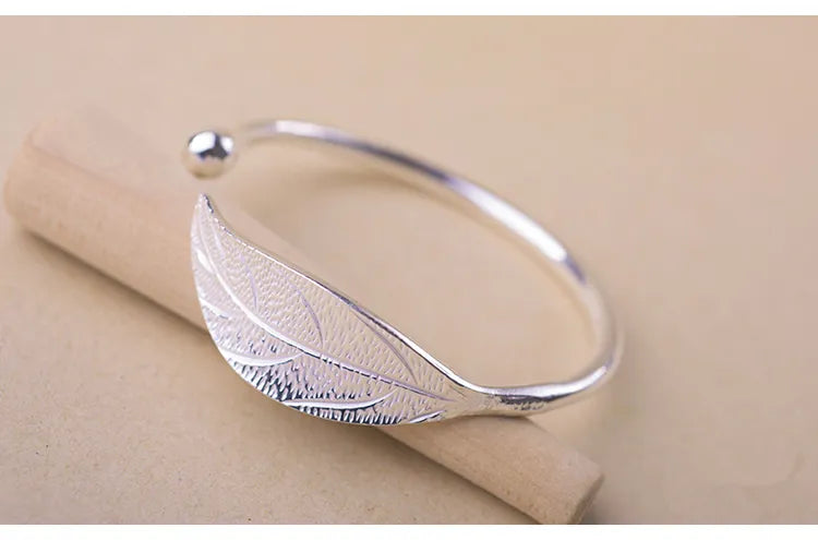 Plated Leaf Bangle • Open Cuff Silver Bracelet