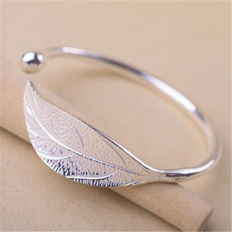 Plated Leaf Bangle • Open Cuff Silver Bracelet