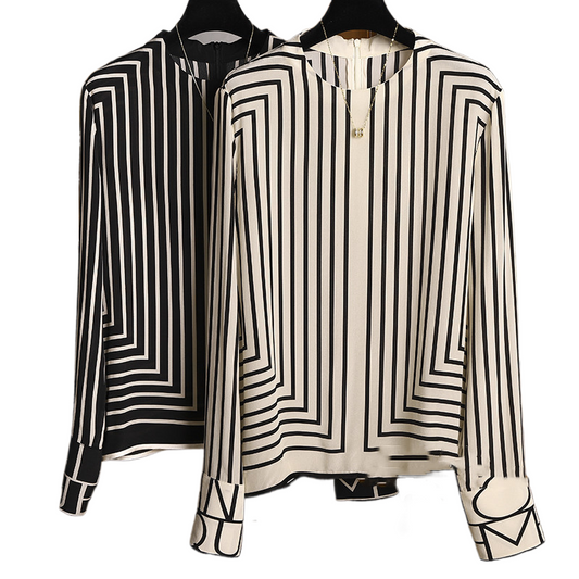 Simple Stripe Print Top • Long Sleeve Chiffon Blouse