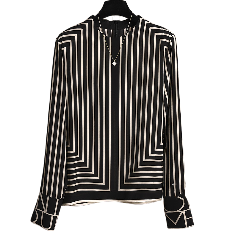 Simple Stripe Print Top • Long Sleeve Chiffon Blouse