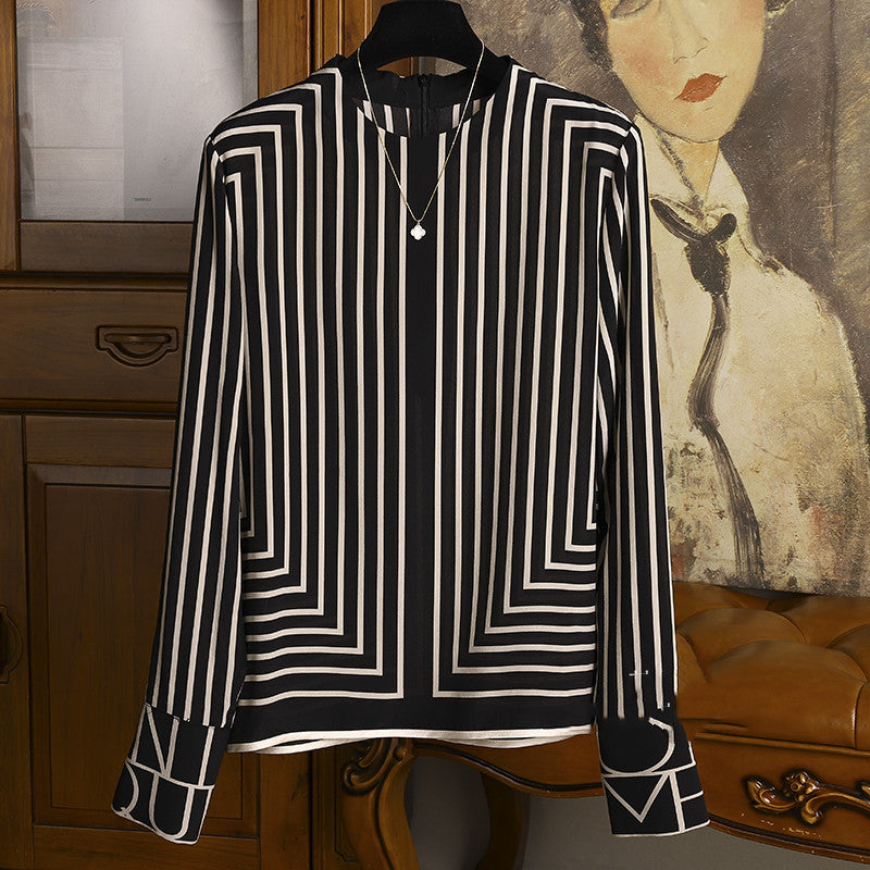 Simple Stripe Print Top • Long Sleeve Chiffon Blouse