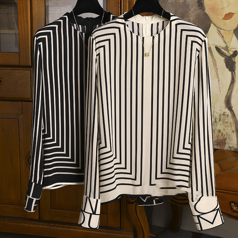 Simple Stripe Print Top • Long Sleeve Chiffon Blouse