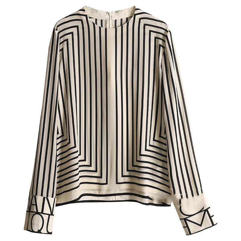 Simple Stripe Print Top • Long Sleeve Chiffon Blouse