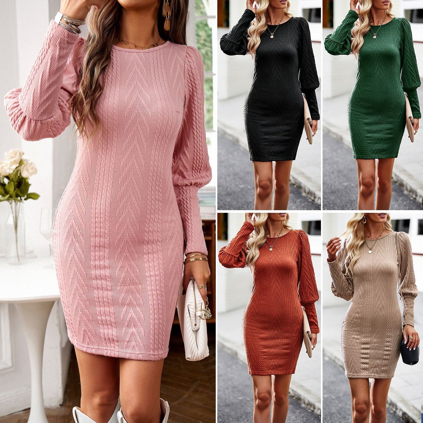 Slim Fit Knitted Dress • Puff Sleeves Short Skirt