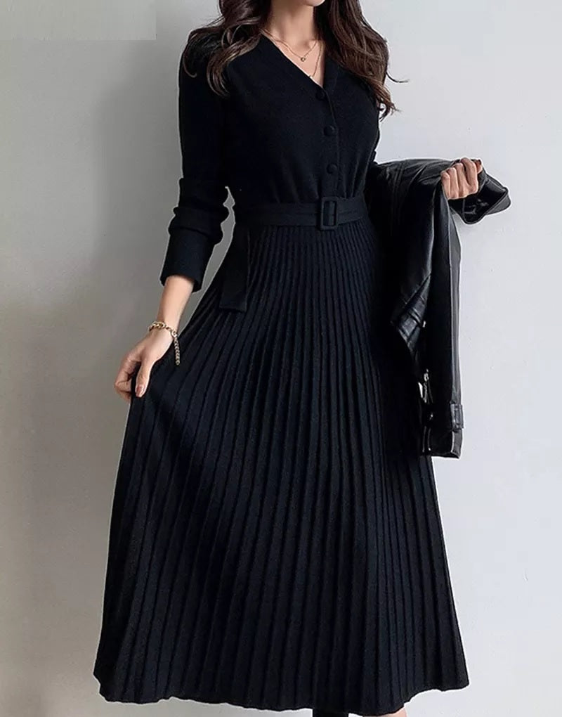 Soft Belt Dress • Elegant V-neck Knitted Dress