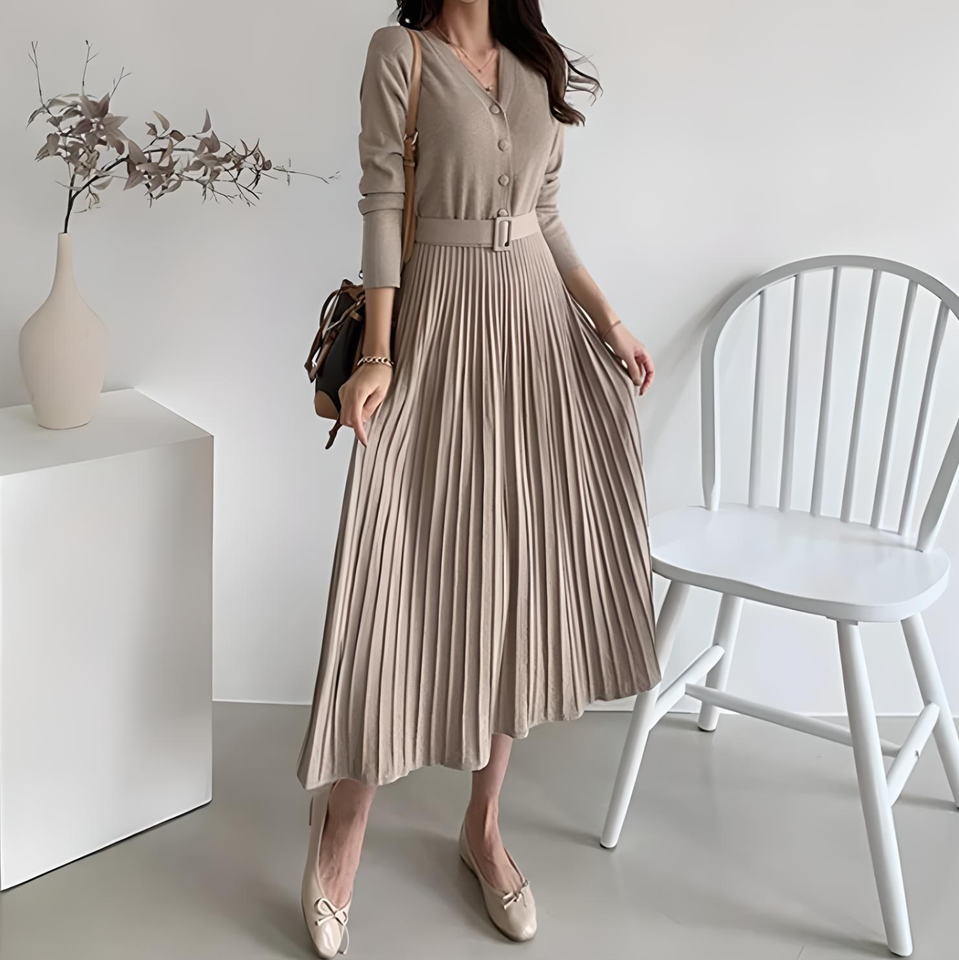 Soft Belt Dress • Elegant V-neck Knitted Dress