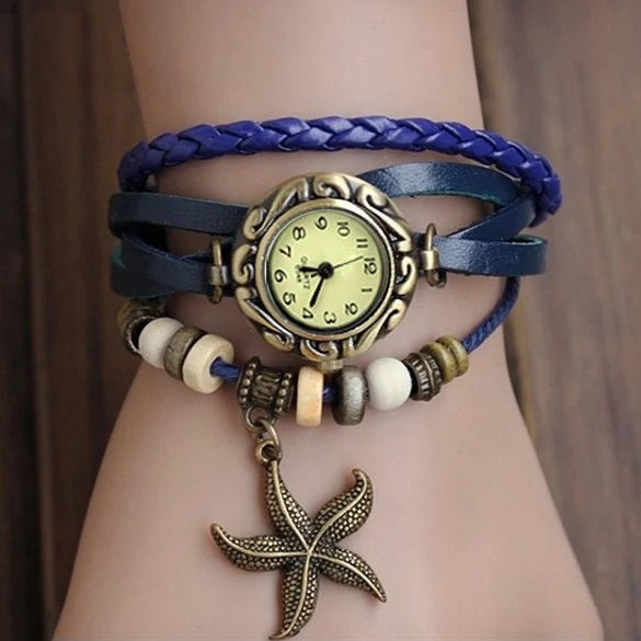 Starfish Bracelet Watch • Retro Leather Wristwatch