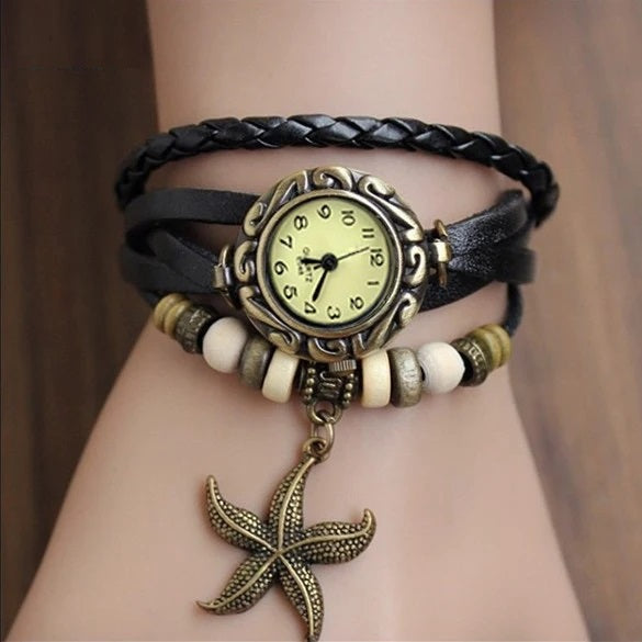 Starfish Bracelet Watch • Retro Leather Wristwatch