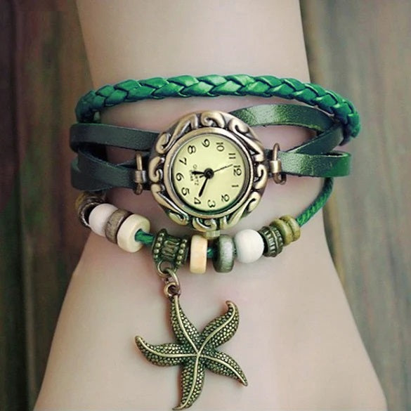 Starfish Bracelet Watch • Retro Leather Wristwatch