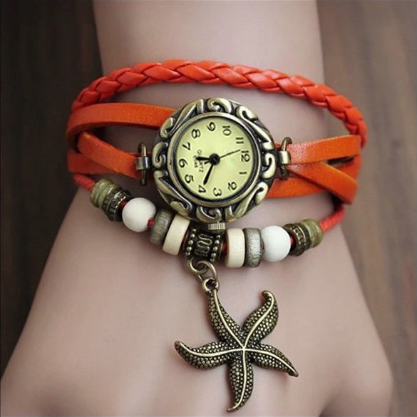 Starfish Bracelet Watch • Retro Leather Wristwatch