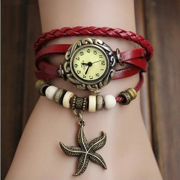 Starfish Bracelet Watch • Retro Leather Wristwatch